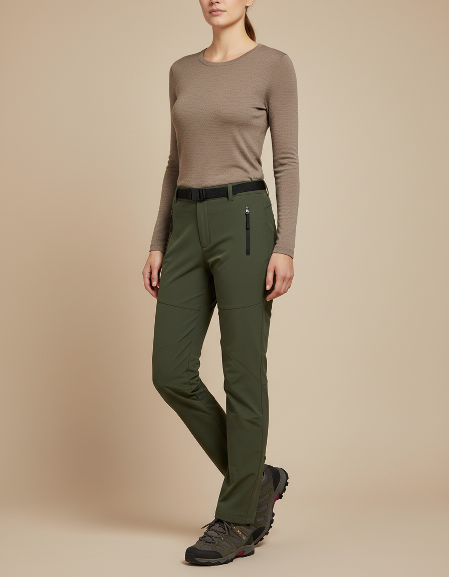 Pantalon Randonnée Femme Vert Militaire Softshell Chaud - Kaki Polyester