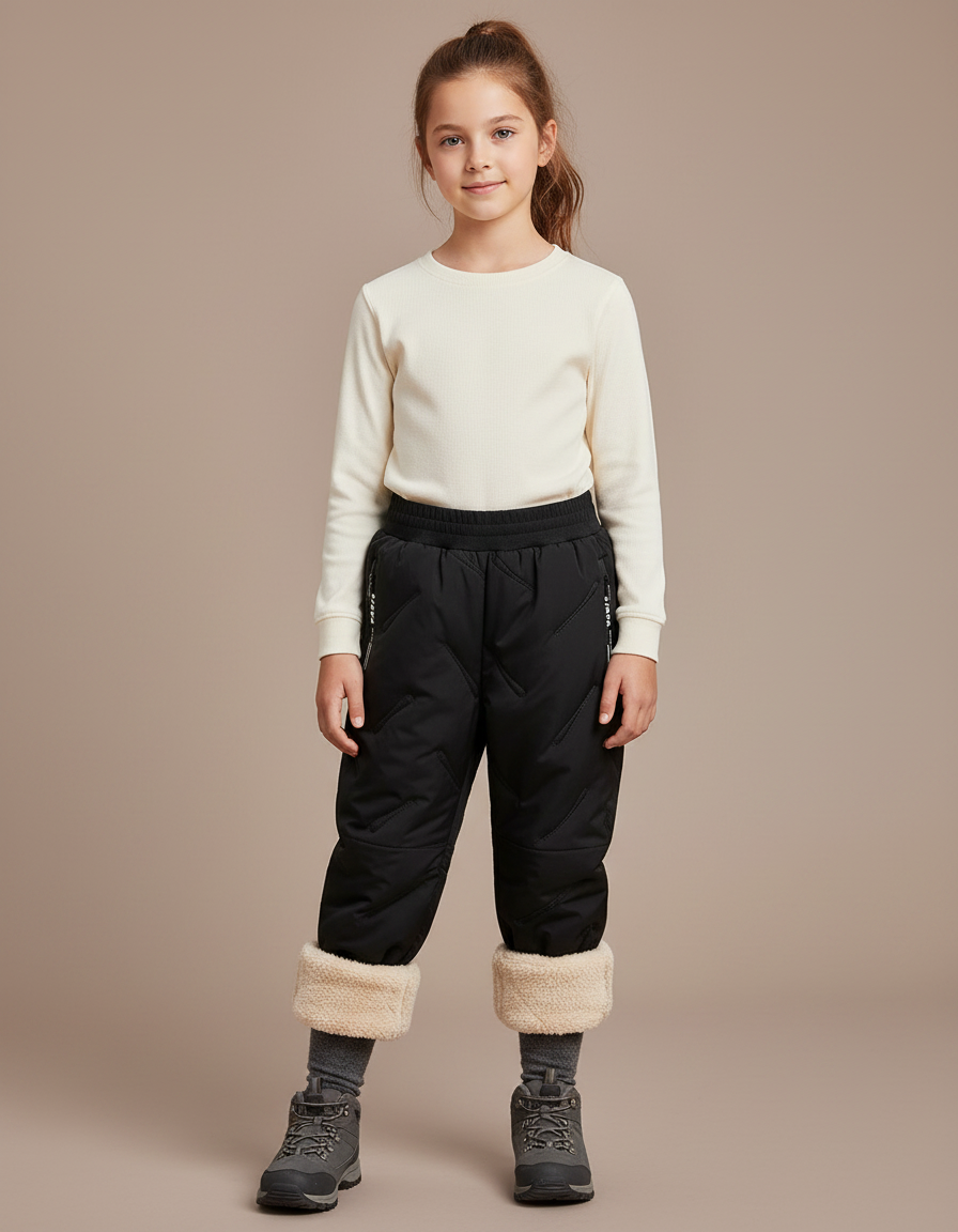 Pantalon Randonnée Noir Matelassé Élastique Chaud Enfant - Polyester