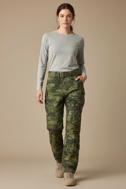 Pantalon Randonnée Camouflage Vert Cargo Multipoches Femme - Toile