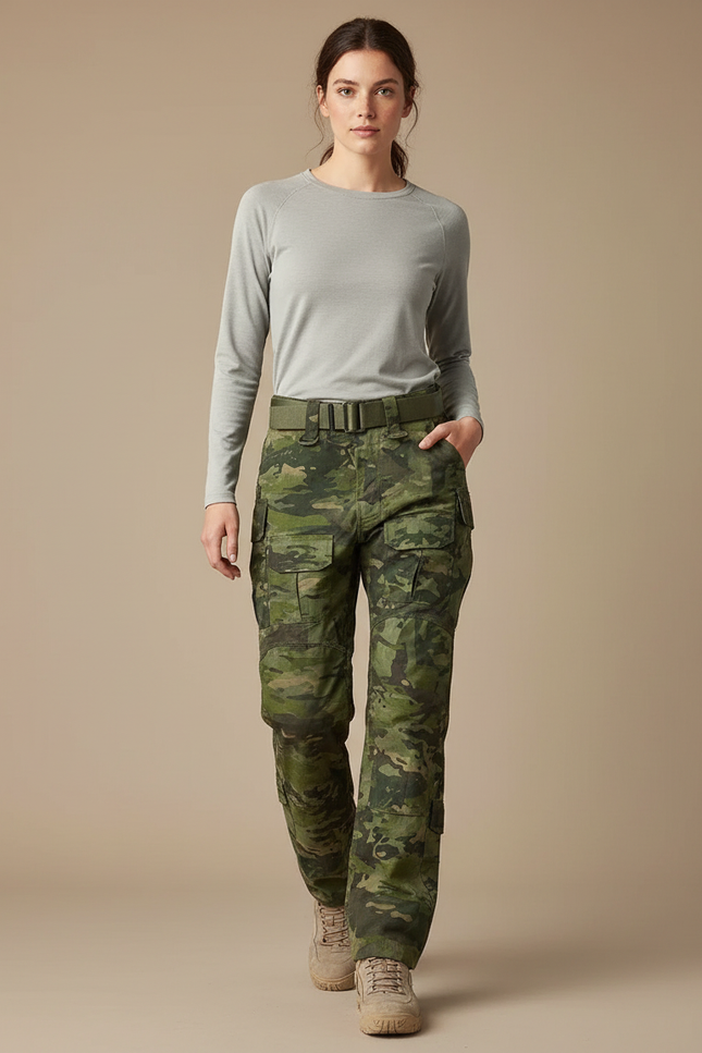 Pantalon Randonnée Camouflage Vert Cargo Multipoches Femme - Toile