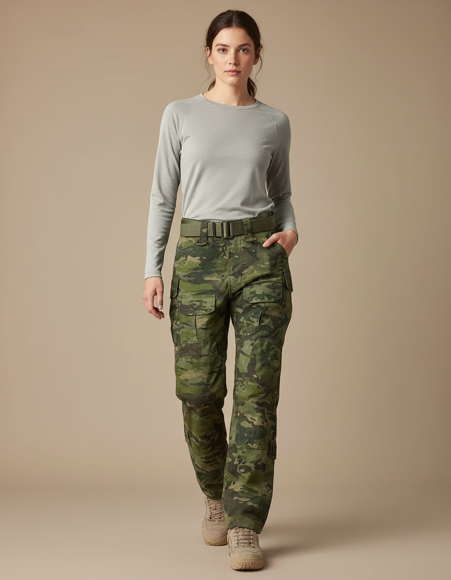 Pantalon Randonnée Camouflage Vert Cargo Multipoches Femme - Toile