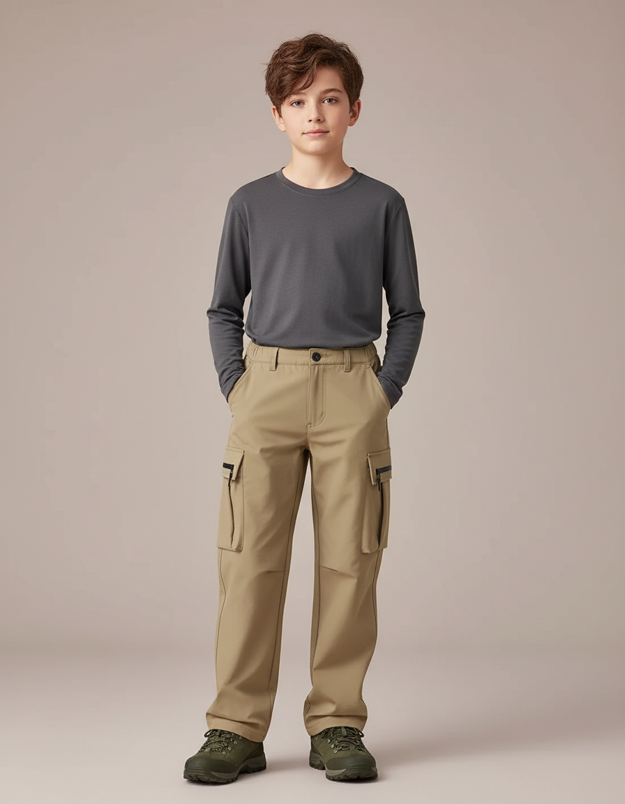 Pantalon Randonnée Beige Cargo Enfant Ample - Polyester