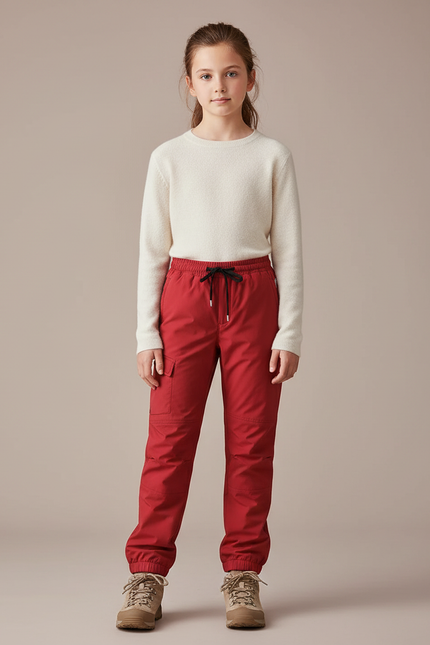 Pantalon Randonnée Rouge Enfant Cargo Robuste Ajusté - Polyester