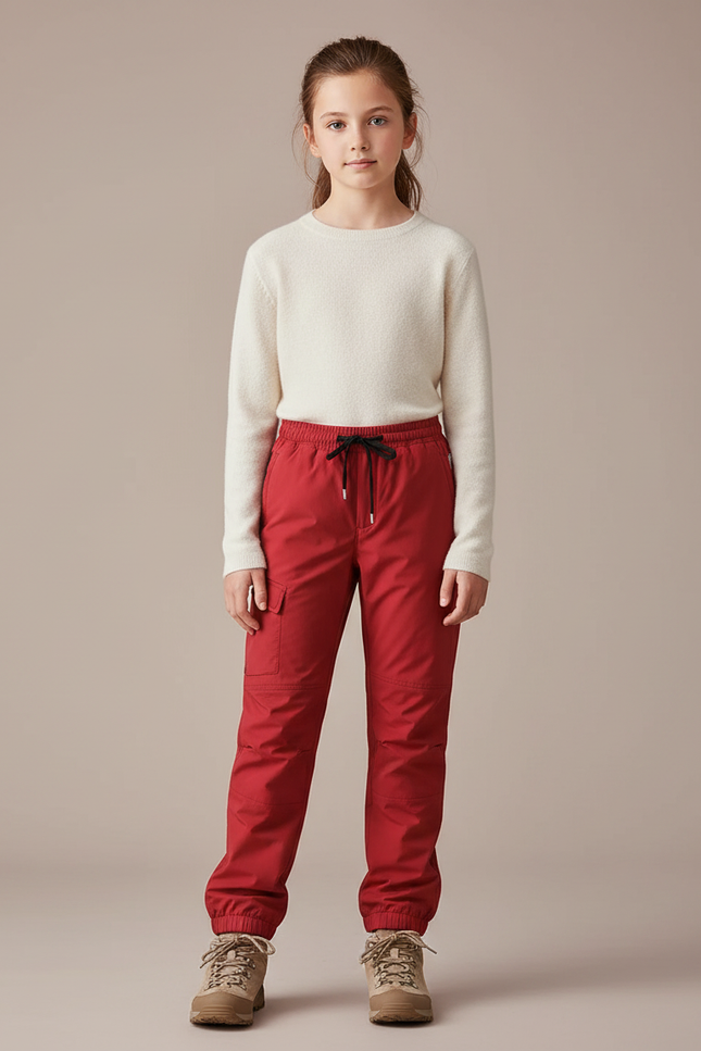 Pantalon Randonnée Rouge Enfant Cargo Robuste Ajusté - Polyester