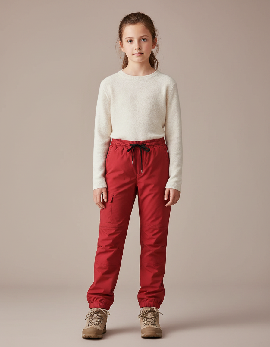 Pantalon Randonnée Rouge Enfant Cargo Robuste Ajusté - Polyester