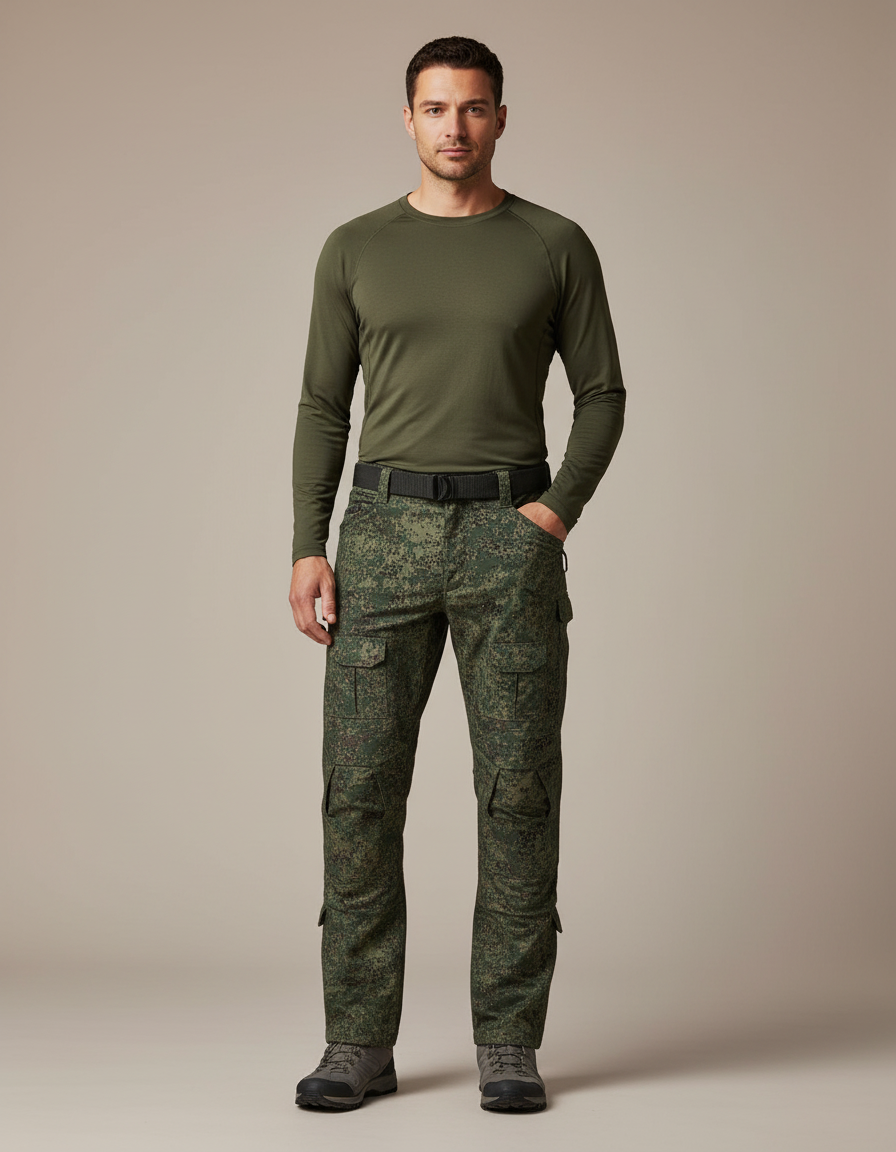 Pantalon Randonnée Camouflage Vert Multipoches Homme Tactique - Toile