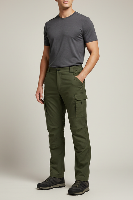 Pantalon Randonnée Vert Kaki Cargo Homme Multipoches - Gabardine
