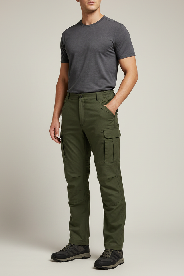 Pantalon Randonnée Vert Kaki Cargo Homme Multipoches - Gabardine