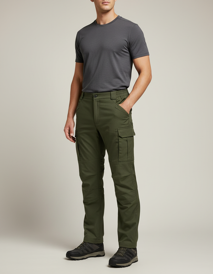 Pantalon Randonnée Vert Kaki Cargo Homme Multipoches - Gabardine