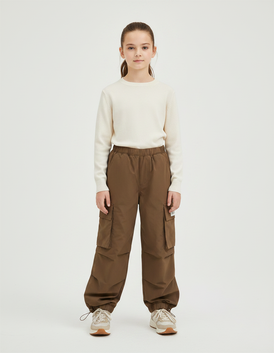 Pantalon Randonnée Kaki Cargo Ample Enfant Robuste - Polyester