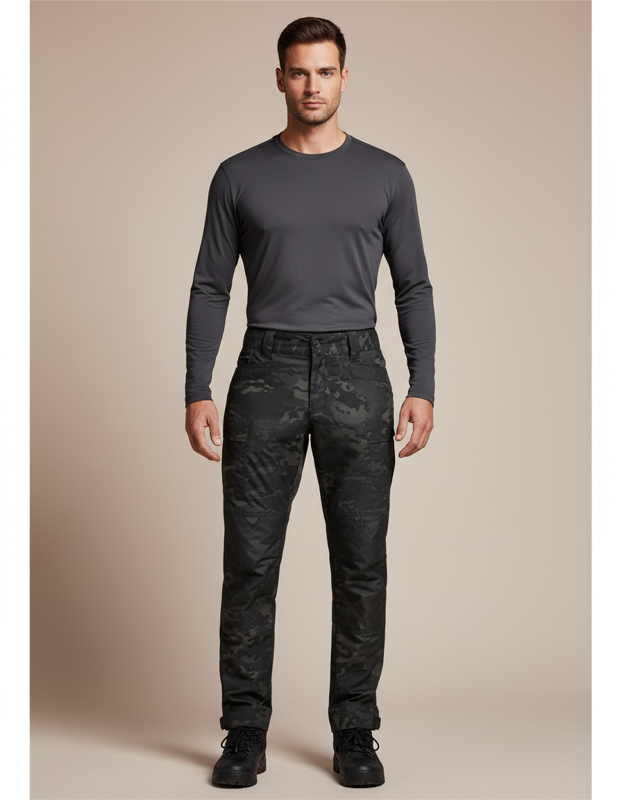 Pantalon Randonnée Camouflage Noir Homme Tactique Robuste - Polyester