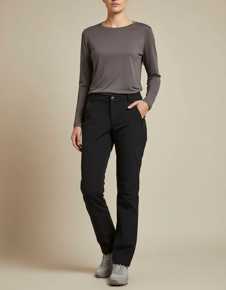 Pantalon Randonnée Noir Coupe Droite Chaud Femme - Polyester