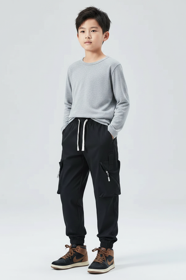 Pantalon Randonnée Noir Cargo Enfant Léger - Polyester