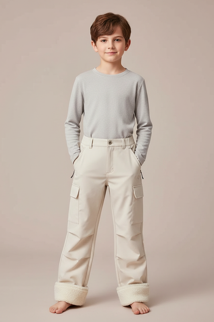 Pantalon Randonnée Beige Cargo Doublé Polaire Enfant - Polyester