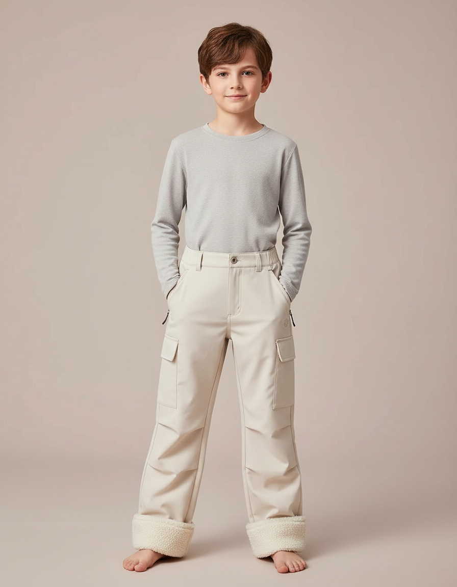 Pantalon Randonnée Beige Cargo Doublé Polaire Enfant - Polyester