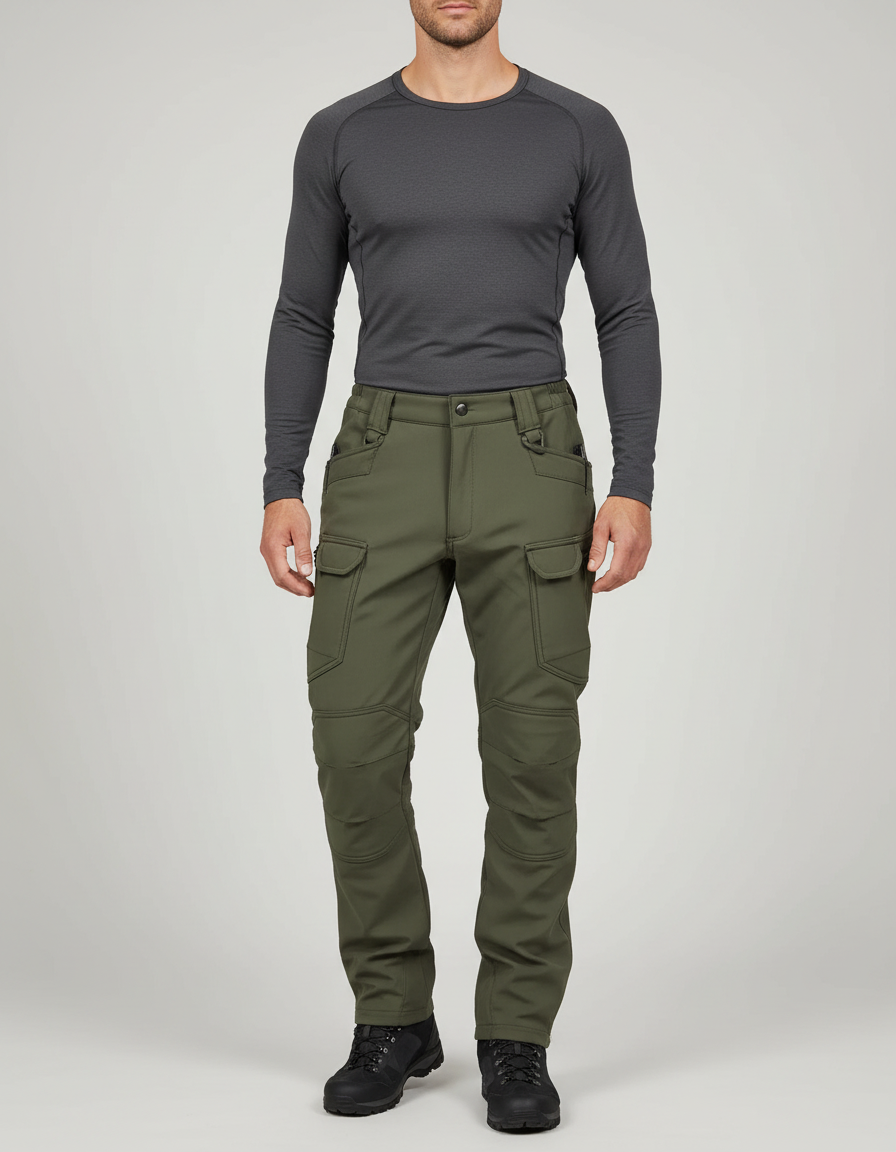 Pantalon Randonnée Kaki Homme Tactique Softshell Élastique Épais - Polyester