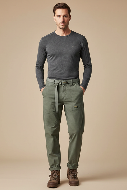 Pantalon Randonnée Vert Olive Coton Ample Décontracté Homme - Kaki Gabardine