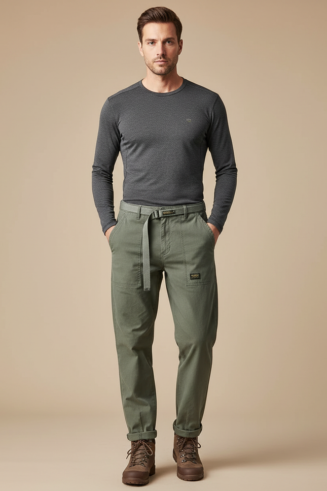 Pantalon Randonnée Vert Olive Coton Ample Décontracté Homme - Kaki Gabardine
