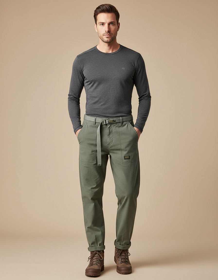 Pantalon Randonnée Vert Olive Coton Ample Décontracté Homme - Kaki Gabardine