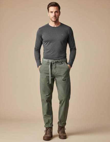 Pantalon Randonnée Vert Olive Coton Ample Décontracté Homme - Kaki Gabardine
