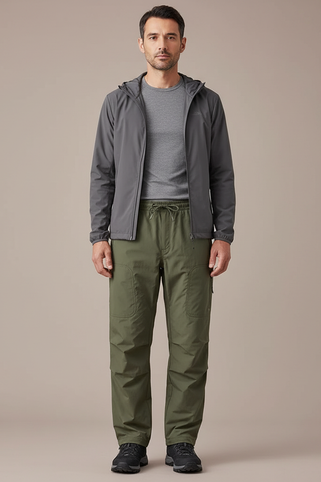 Pantalon Randonnée Vert Ample Cargo Cordon Homme - Kaki Polyester