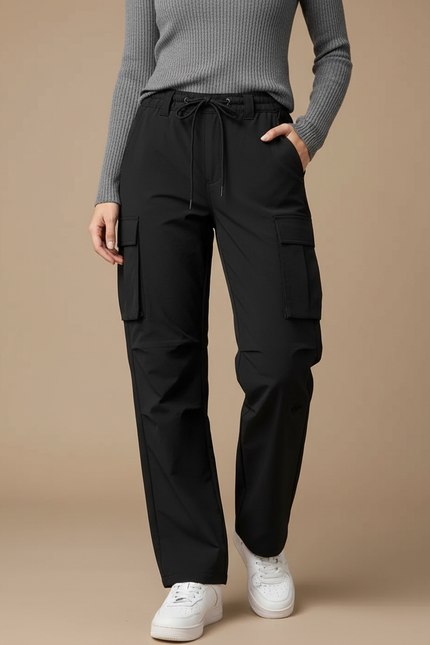Pantalon Randonnée Noir Cargo Fluide Cordon Femme - Polyester