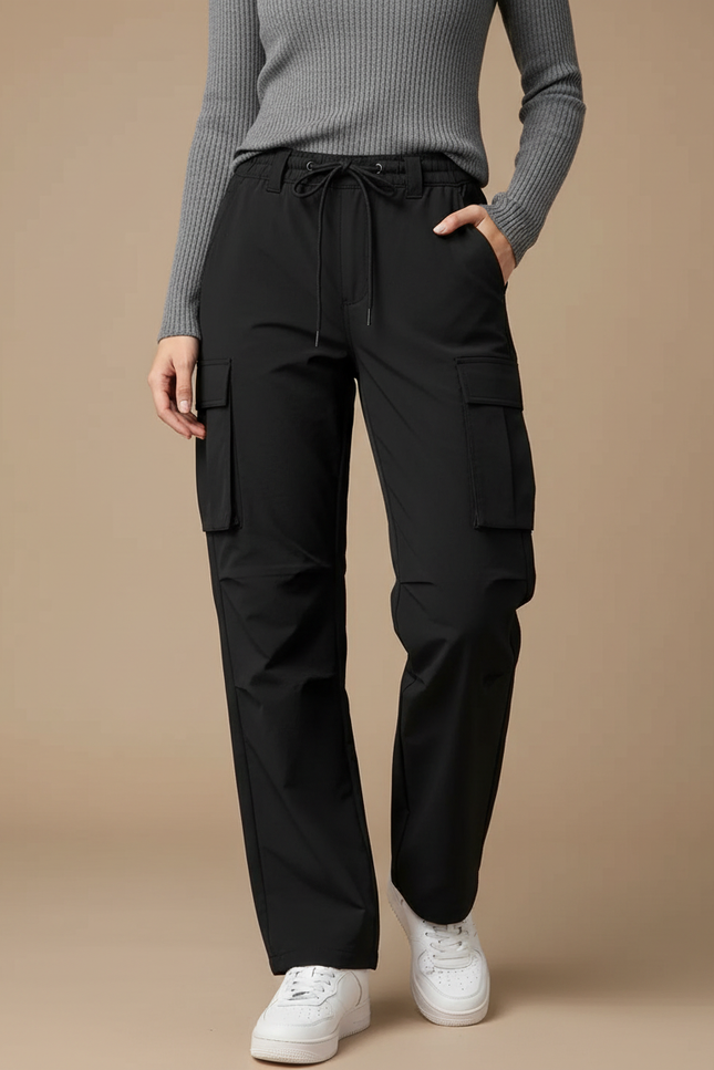 Pantalon Randonnée Noir Cargo Fluide Cordon Femme - Polyester