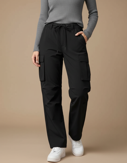 Pantalon Randonnée Noir Cargo Fluide Cordon Femme - Polyester