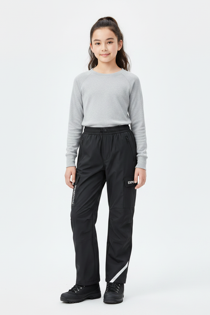 Pantalon Randonnée Noir Cargo Enfant Imperméable Réfléchissant - Polyester