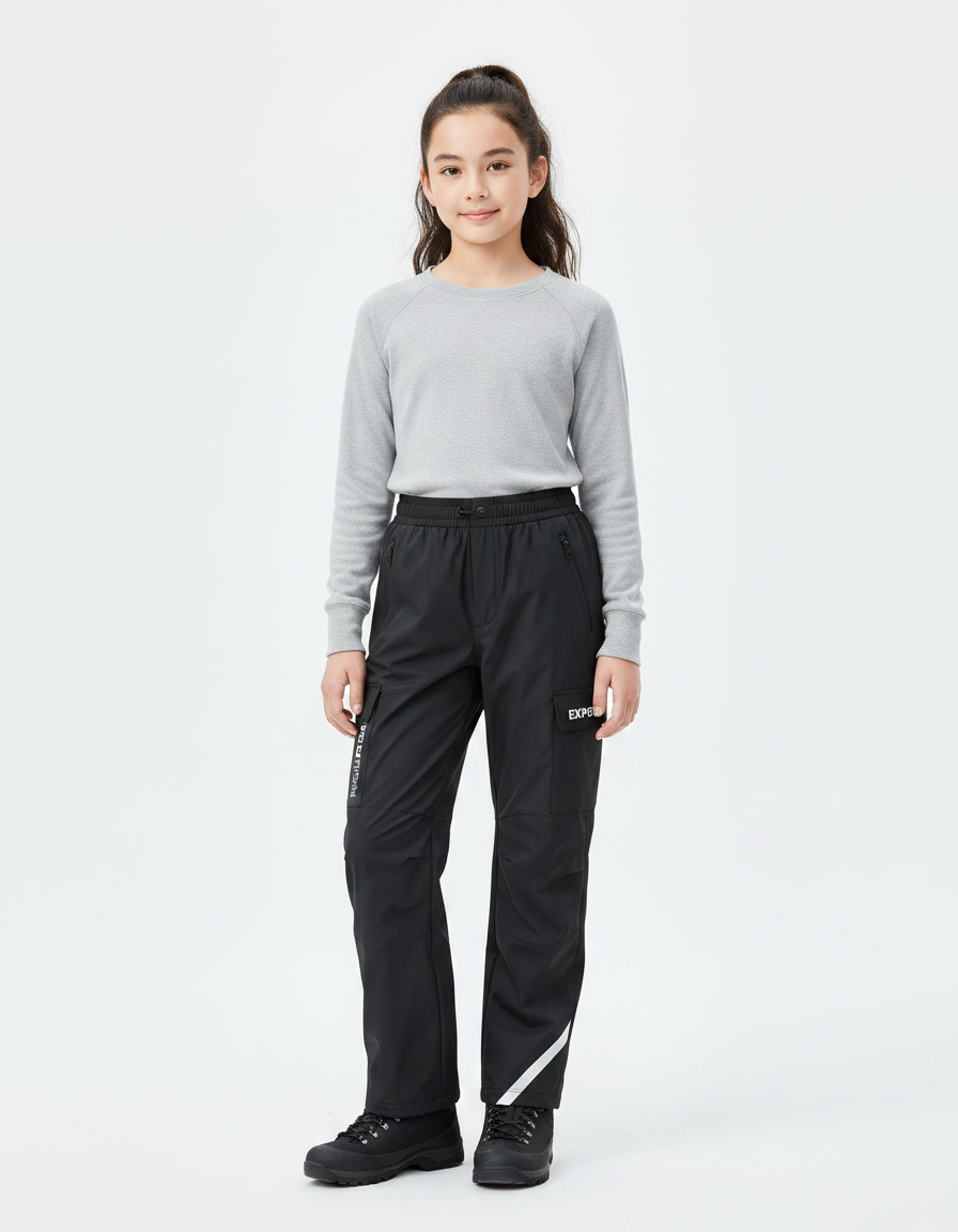 Pantalon Randonnée Noir Cargo Enfant Imperméable Réfléchissant - Polyester