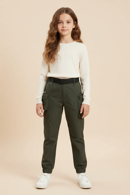 Pantalon Randonnée Kaki Cargo Enfant Coton