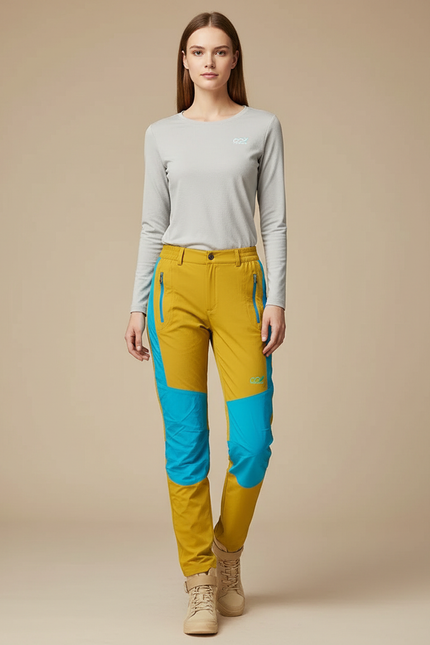 Pantalon Randonnée Jaune Turquoise Léger Extensible Femme - Polyester