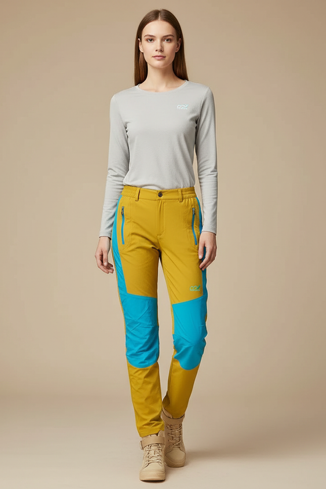 Pantalon Randonnée Jaune Turquoise Léger Extensible Femme - Polyester