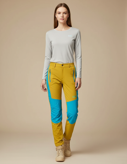 Pantalon Randonnée Jaune Turquoise Léger Extensible Femme - Polyester
