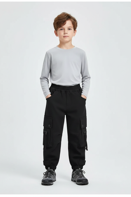 Pantalon Randonnée Noir Cargo Ample Enfant Élastiqué - Polyester
