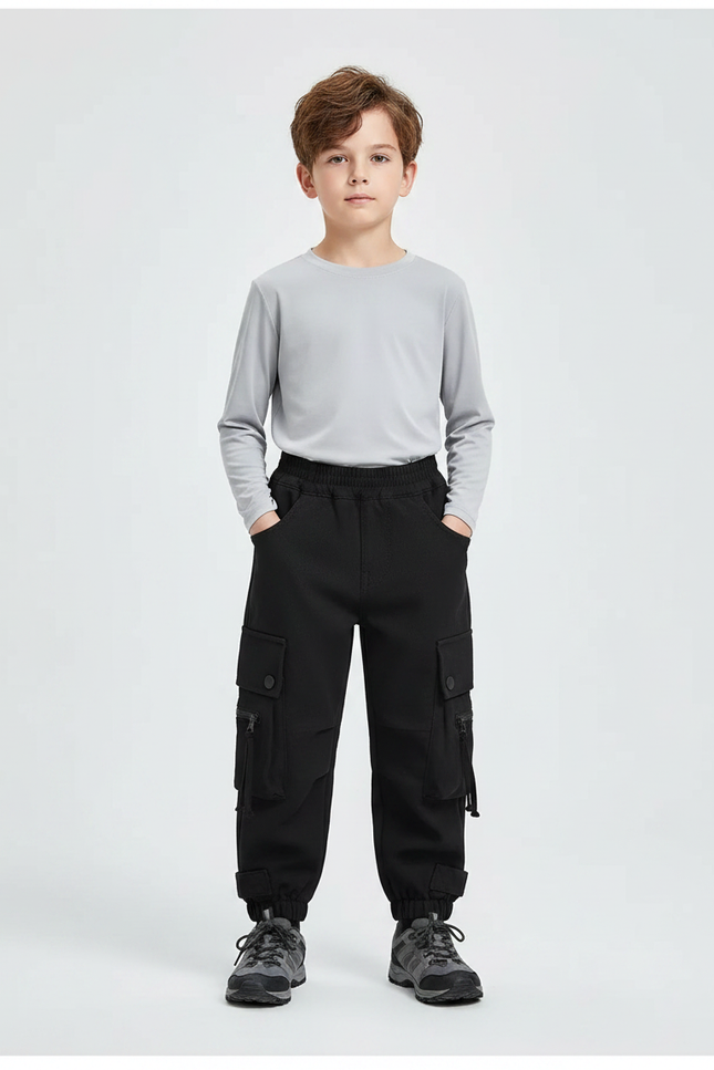 Pantalon Randonnée Noir Cargo Ample Enfant Élastiqué - Polyester