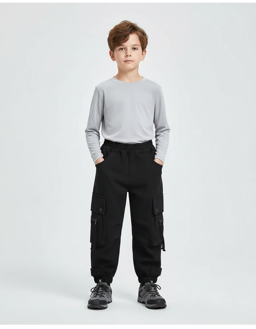 Pantalon Randonnée Noir Cargo Ample Enfant Élastiqué - Polyester
