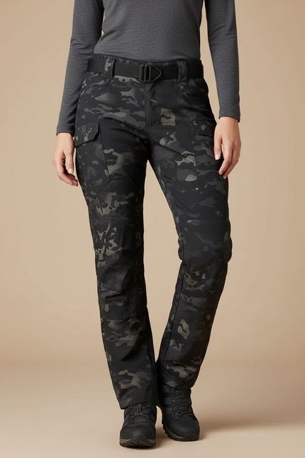Pantalon Randonnée Camouflage Noir Cargo Multipoches Femme - Polyester