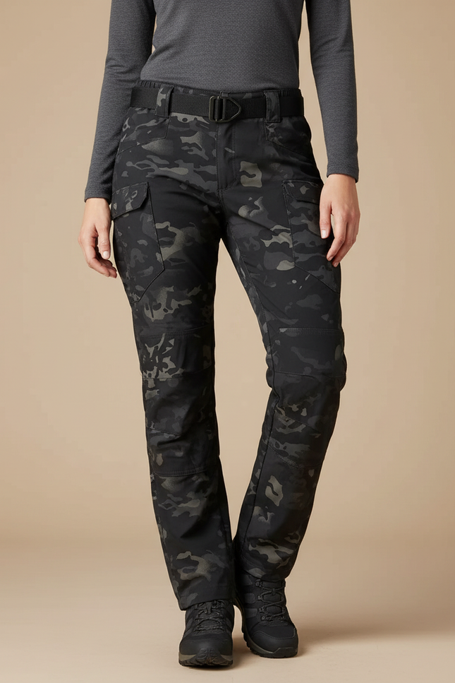 Pantalon Randonnée Camouflage Noir Cargo Multipoches Femme - Polyester