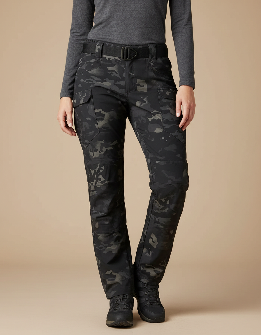 Pantalon Randonnée Camouflage Noir Cargo Multipoches Femme - Polyester