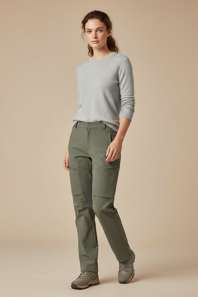 Pantalon Randonnée Femme Kaki Cargo Stretch Ajusté - Polyester