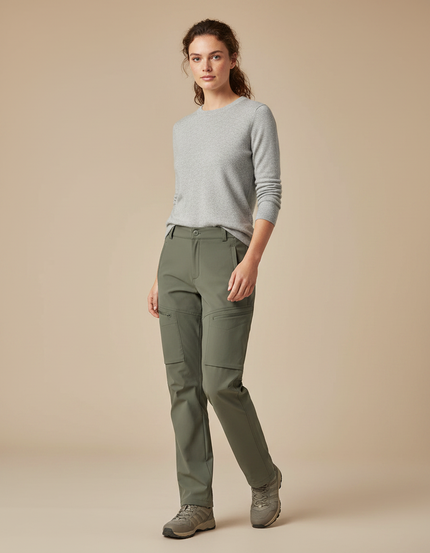 Pantalon Randonnée Femme Kaki Cargo Stretch Ajusté - Polyester