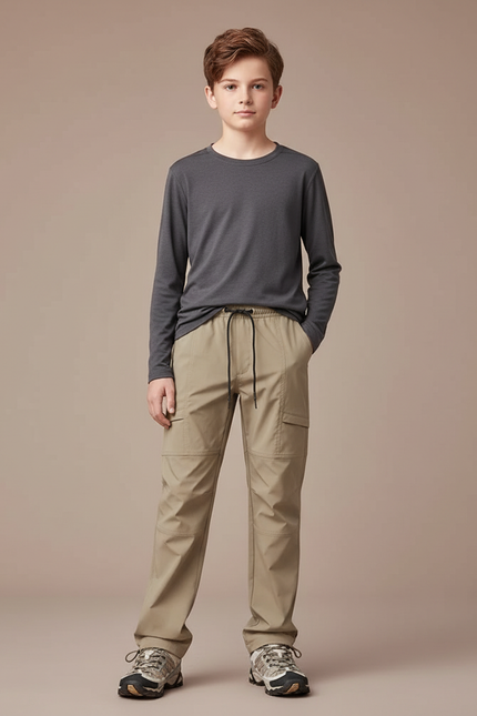 Pantalon Randonnée Beige Enfant Léger Cargo Ajustable - Polyester