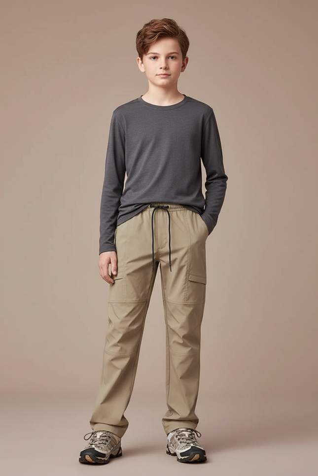 Pantalon Randonnée Beige Enfant Léger Cargo Ajustable - Polyester