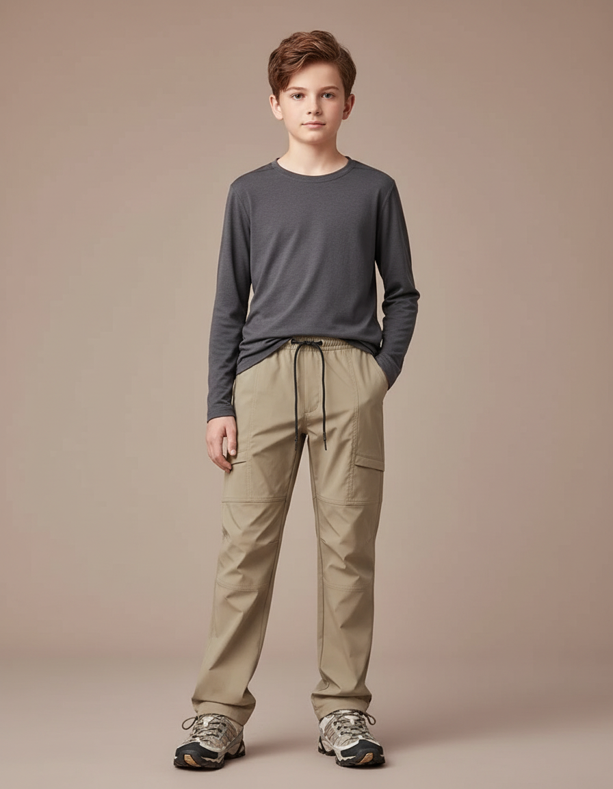Pantalon Randonnée Beige Enfant Léger Cargo Ajustable - Polyester