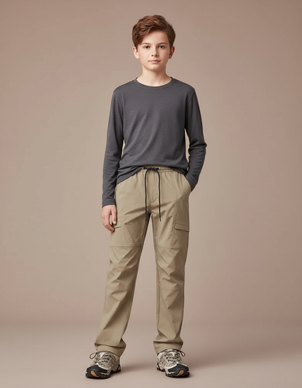 Pantalon Randonnée Beige Enfant Léger Cargo Ajustable - Polyester