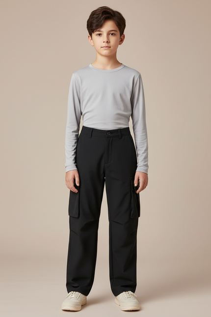 Pantalon Randonnée Noir Cargo Coupe Droite Enfant - Polyester