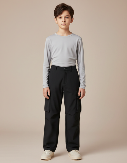 Pantalon Randonnée Noir Cargo Coupe Droite Enfant - Polyester