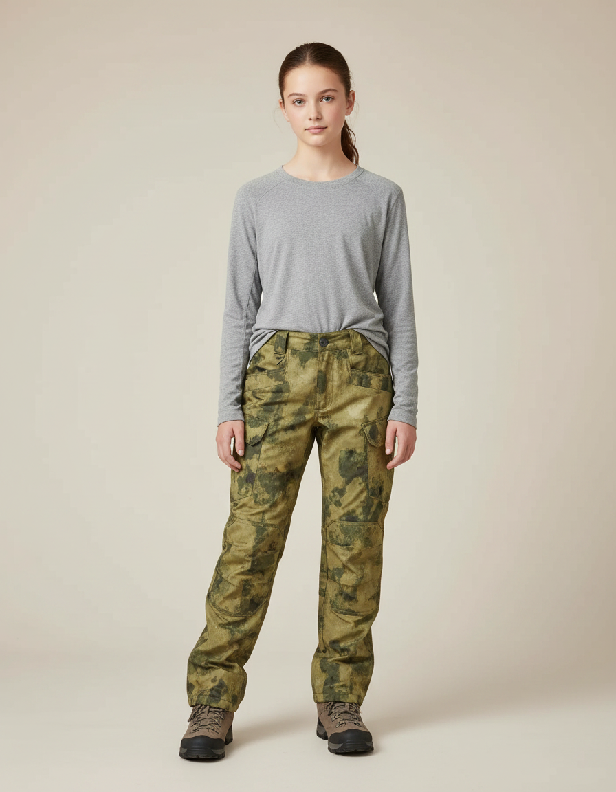 Pantalon Randonnée Camouflage Vert Cargo Femme Épais - Toile