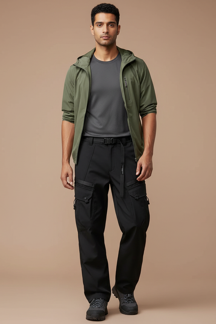 Pantalon Randonnée Noir Cargo Multi-Poches Homme Léger - Polyester